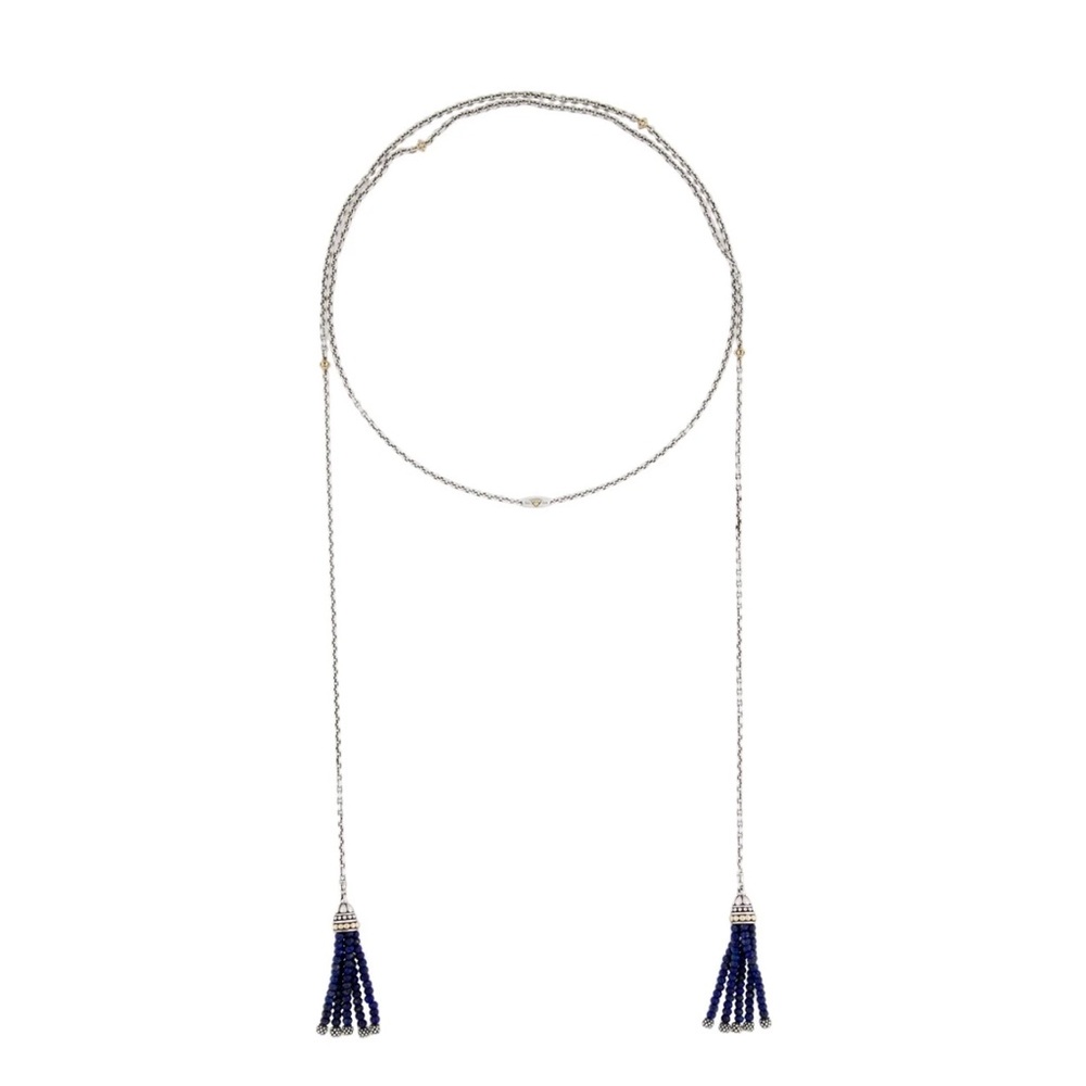 Lagos Estate Two Tone Caviar Hematite Double Tassel Lariat Station Necklace